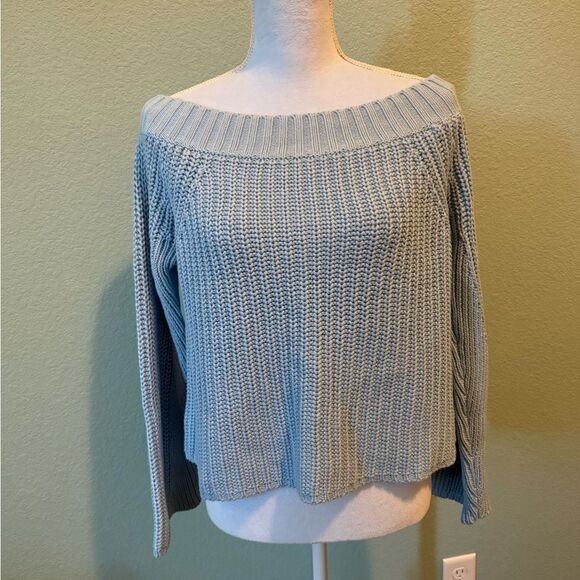Boston Proper Knit Crochet Blue Off Shoulder Flare Sleeve Crop Sweater 100% Cott - Picture 1 of 8